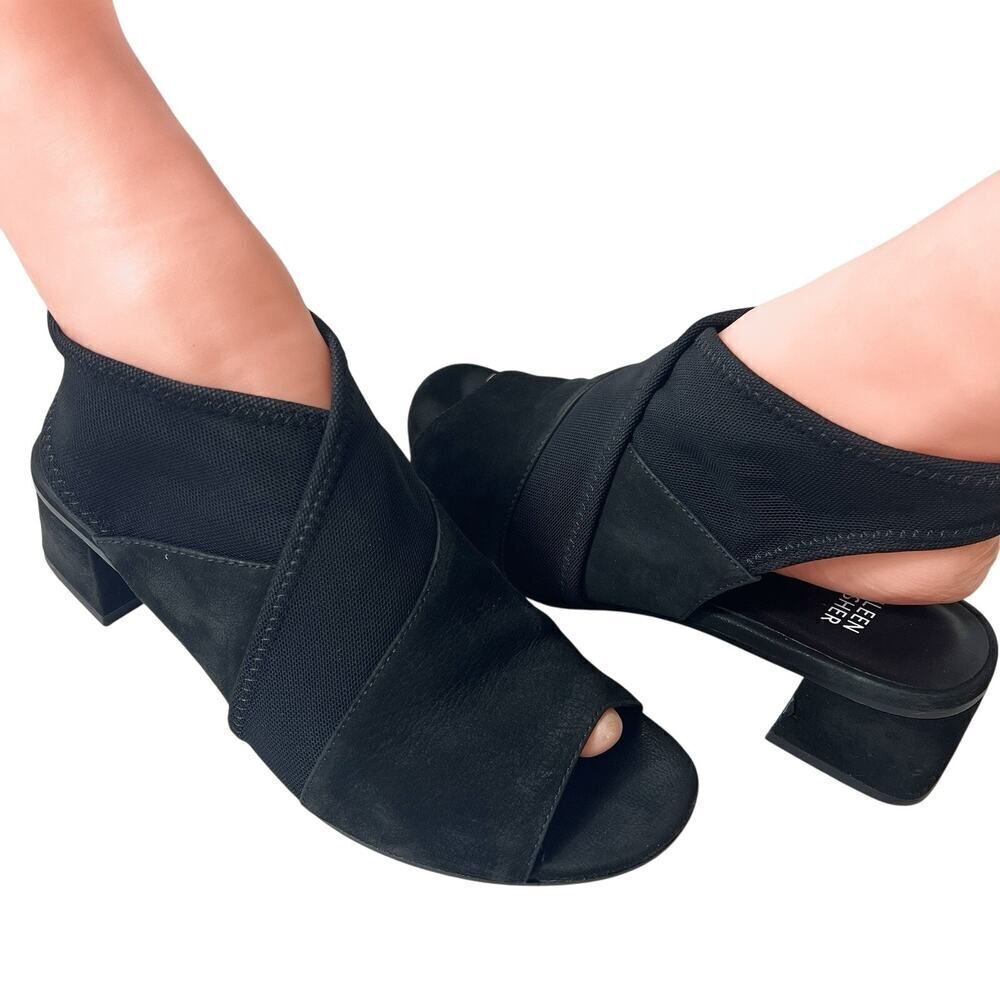 Eileen Fisher Comfort Casual Black Nubuck Women 8.5 Stretch Straps Peep Toe Heel